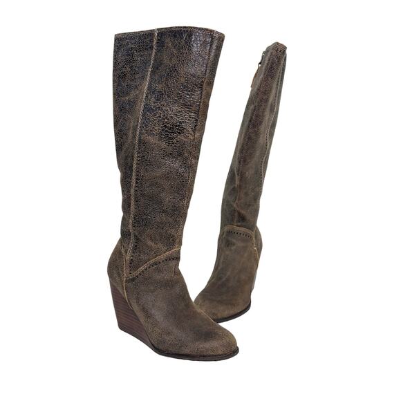 Fossil Crackled Brown Leather Wedge Knee High Boots 6 - Picture 1 of 11